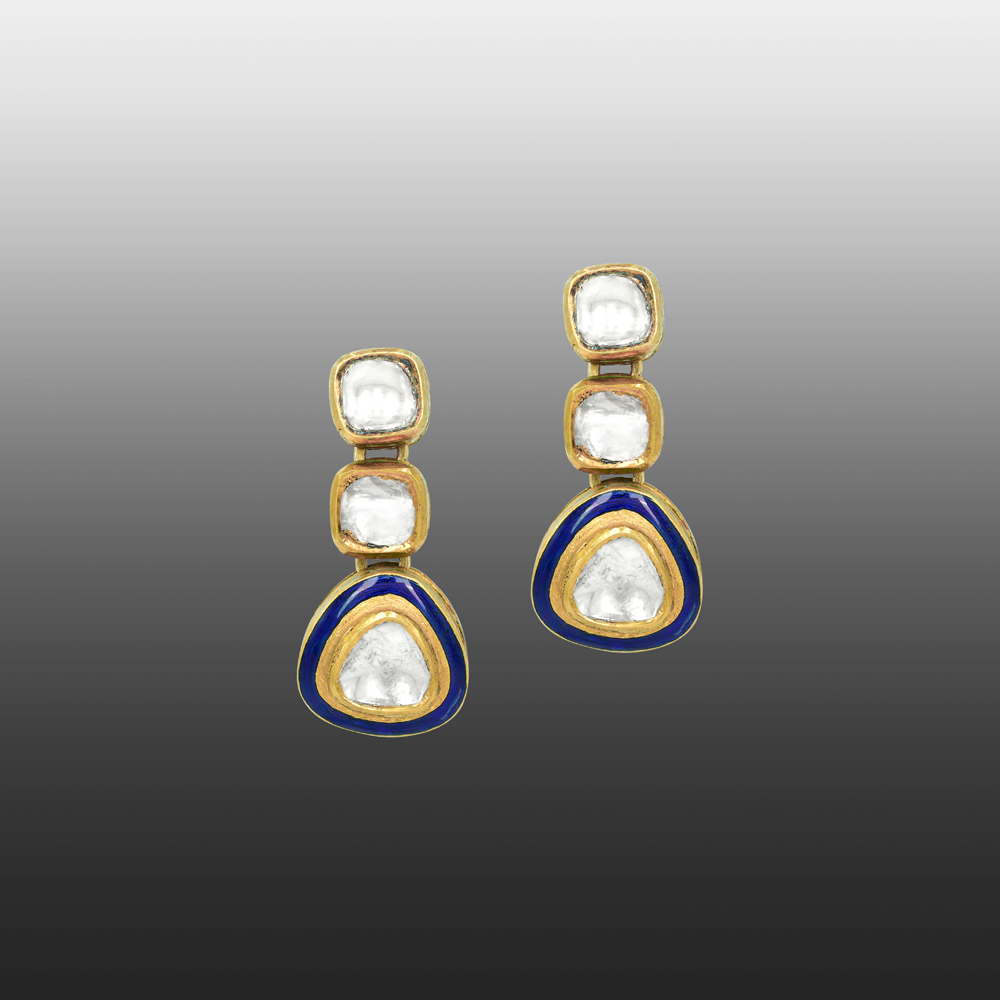 Triangle Polki Earrings with Blue Enamel